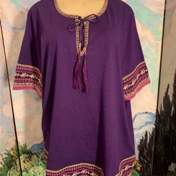 Roaman's 2X Purple Crochet Trim Lace-Up Tassel Top - Picture 1 of 6